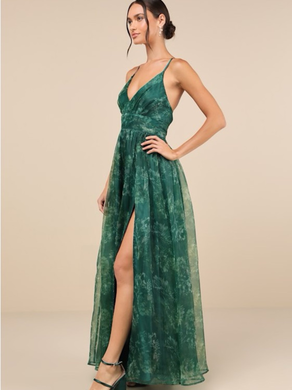 Lulus Romance That Wows V-Neck Organza Maxi Dress Green Floral Print - Picture 14 of 16